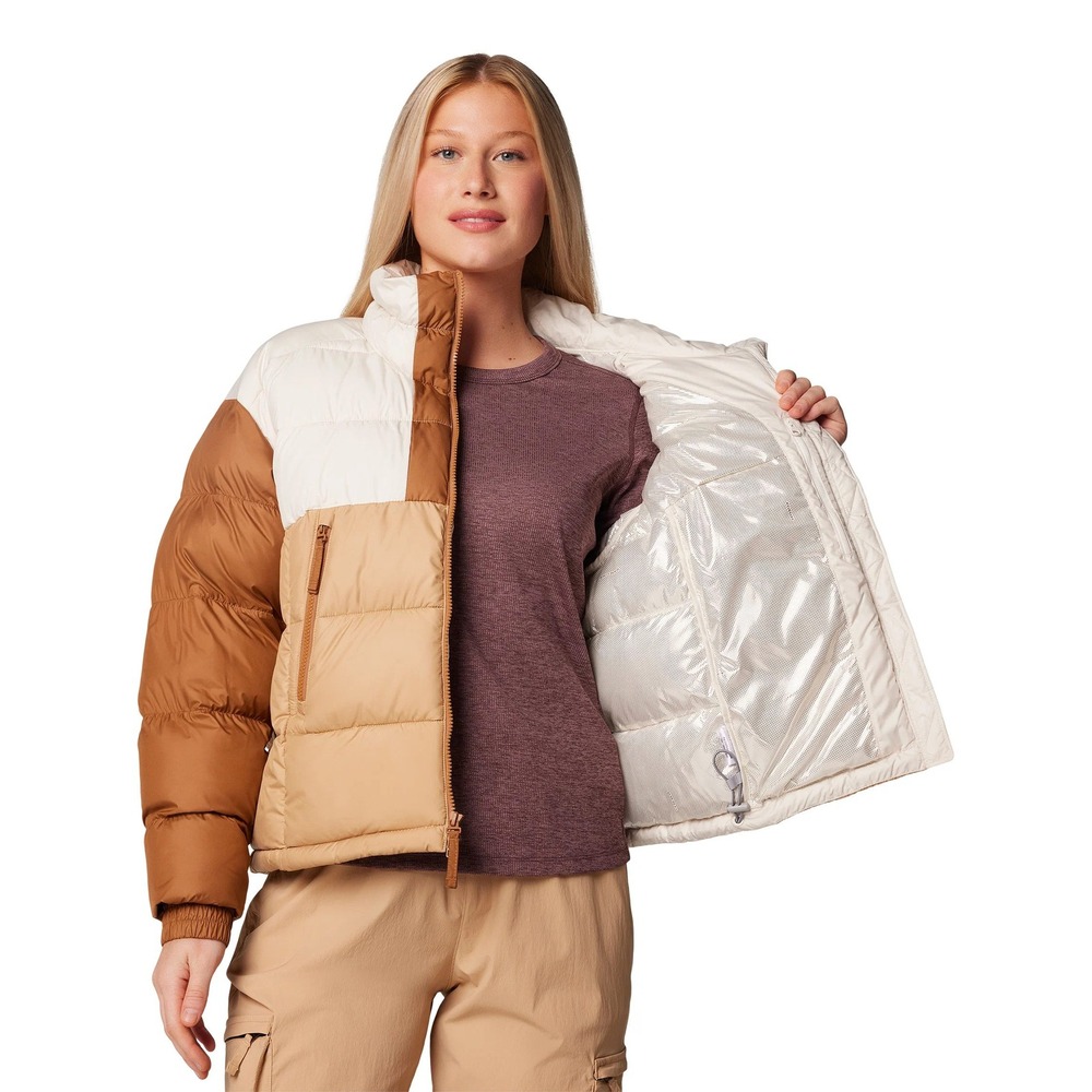Columbia Pike Lake II Cropped Insulated Jacket Omni-Heat Puffer Coat Brown White - Picture 4 of 16